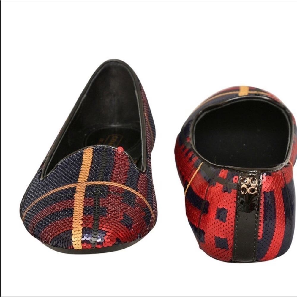 COACH SEQUIN NAVY & BURGUNDY TARTAN FLATS